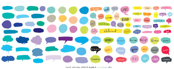 Cute vector speech bubble colorful set,Hand drawn set of speech bubbles with handwritten for book ,card, business, poster design. Vector illustration design for fashion fabrics, textile graphics