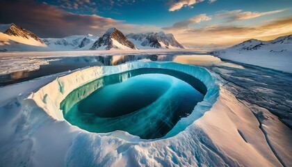 Aerial View of a Deep Blue Ice Hole in a Snowy Arctic Landscape. Lake in glacier. - obrazy, fototapety, plakaty