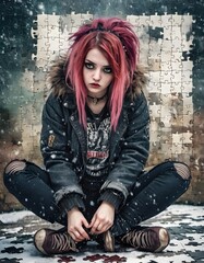 A striking portrait of a young woman with vibrant pink hair, set against a backdrop of jigsaw puzzles. Her intense gaze and unique style exude a rebellious attitude.