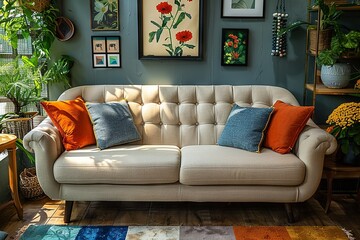 a beige couch with a colorful pillow, and other home decor items, in the style of minimalistic modern, gray and amber, retro, colorful pop. Generative AI