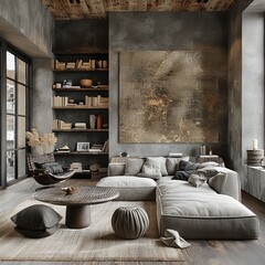 a black and grey living room, in the style of naturalistic colors, uhd image, large canvas sizes. Generative AI