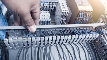 an electrician's hand is opening or closing the circuit cable cover on the electrical control panel...