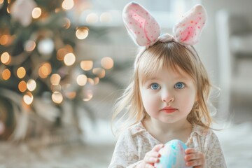 Obraz na płótnie Canvas Adorable toddler girl with bunny ears holding easter eggs indoors
