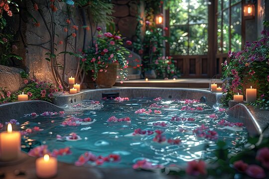a hot tub filled with candles and flowers, in the style of romantic compositions. Generative AI