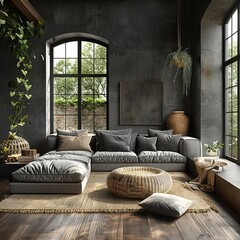 a modern living room with black walls, in the style of realistic impression, photorealistic renderings, matte photo, light gray, nature-inspired. Generative AI