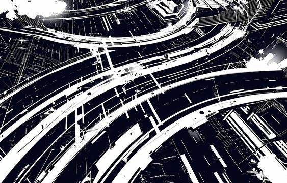 未来のメトロポリス：モノクロで描かれたダイナミックな都市計画