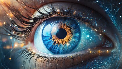 closeup of a human eye with virtual hologram elements for surveillance and digital ID