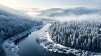 Foto op Plexiglas The Majestic Aerial View of a Winter Wonderland Forest with a Serene Meandering River © Adeline