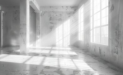 an empty room with windows and light, in the style of minimalist purity, white. Generative AI