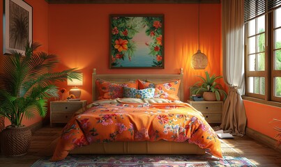 bedroom design with bright orange walls and a bed, in the style of photorealistic rendering, light pink and beige, nature morte. Generative AI.=