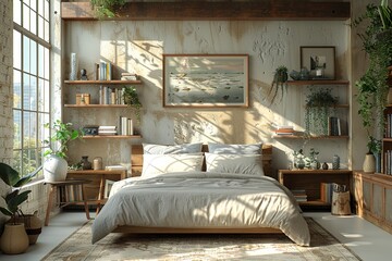 bedroom photo bed and grey frame on white floor, in the style of vray tracing, soft, romantic landscapes. Generative AI