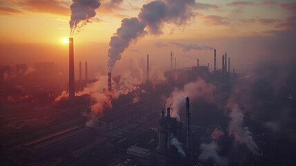 The dawn reveals a factory complex, silhouetted against the sky, signaling a productive day ahead.