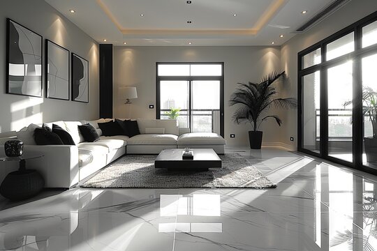 black and white living room, in the style of black background, varying wood grains, simplistic cartoon, digital minimalism, dark beige. Generative AI