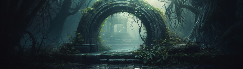 A dark and mysterious portal in a misty garden - obrazy, fototapety, plakaty