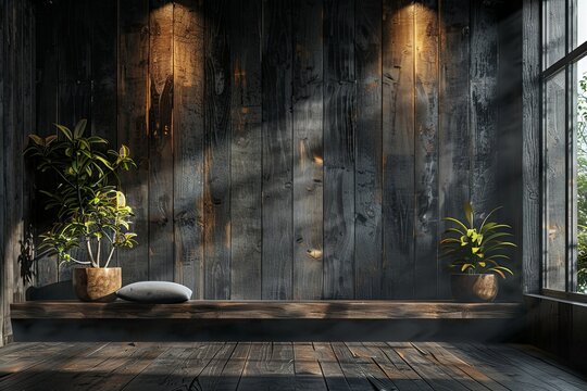 dark room interior with dark flooring, realistic interiors, light black and bronze, uhd image, post-minimalist. Generative AI