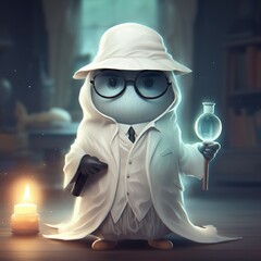 cute scientist ghost character - obrazy, fototapety, plakaty