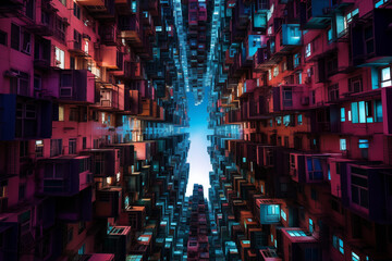 Abstrakte Darstellung von einem Stadtteil in Asien, bunte Wohngebäude, symmetrisches Chaos, Straße in Hong Kong - obrazy, fototapety, plakaty
