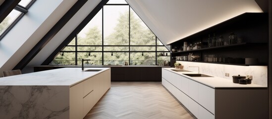 A spacious kitchen featuring a skylight and a large window, showcasing a minimalist design with a marble kitchen top and chrome eave. Natural light floods the room,