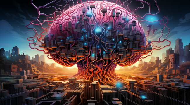 Farbenfrohes Gehirn zur Darstellung von kreativer k&uuml;nstlicher Intelligenz, psychodelisch, bunte Gedankenwelt