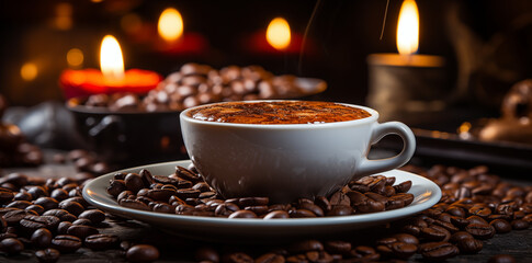 Kaffeetasse mit einem Kaffee und Verzierung durch Milchschaum, Schöne Tasse auf dem Tisch