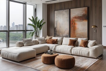 minimalist living room furniture set 3d render white interior, in the style of minimalist brush work. Generative AI