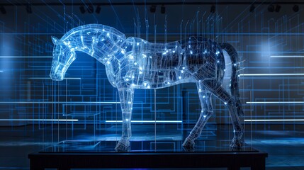 Digitales Pferd aus Netzwerkknoten, Konzept Trojaner im Netzwerk, Cyber Security - obrazy, fototapety, plakaty