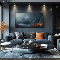 modern living room bedroom furniture living room with grey couch and black wall, detailed foliage. Generative AI