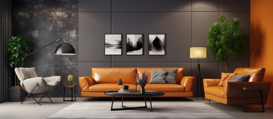 A modern living room is filled with furniture and decor, including a comfortable armchair, sofa, and table. Various decor elements such as rugs, curtains,