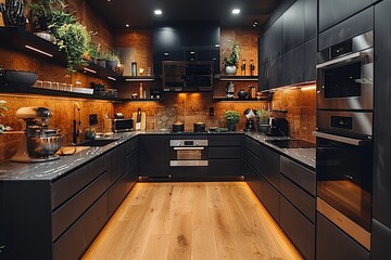 modern, sleek black kitchen with wooden floors and stainless steel appliances, in the style of dark gray and dark beige, muted colours, simplicity, monochromatic color palettes. Generative AI