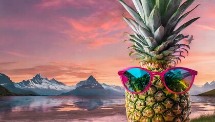 Creative animal concept with pineapple and sunglasses on pink background; vibrant summer fruit