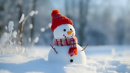 Obraz premium Frosty's Winter Smile. A charming snowman with a bright red hat and scarf stands against a snowy backdrop, bringing winter's joy.