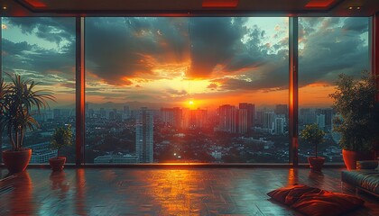 the living room has a view toward the city, in the style of vray tracing, hazy, dreamlike quality. Generative AI