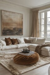 white living room in minimalist style with beige furniture and a large art piece, in the style of light indigo and beige, flowing draperies. Generative AI