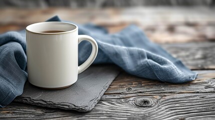 A white coffee mug mock up with a gray piece of slate and a blue cloth napkin behind it.  - Powered by Adobe