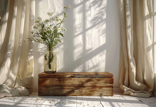 wooden box, vase and plant in white room with neutral colors, in the style of rug, linear and airy. Generative AI