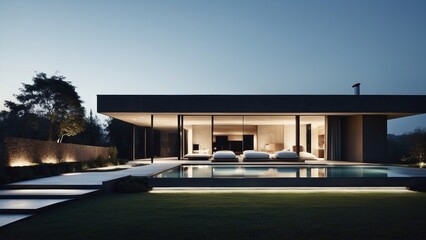 Modern villa with a minimalist exterior, incorporating clean lines and large glass panels