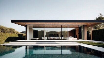 Fototapeta premium Modern villa with a minimalist exterior, incorporating clean lines and large glass panels