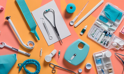 Flat lay composition with medical objects on color background