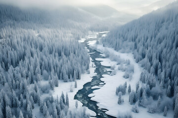 Fototapeta na wymiar The Majestic Aerial View of a Winter Wonderland Forest with a Serene Meandering River