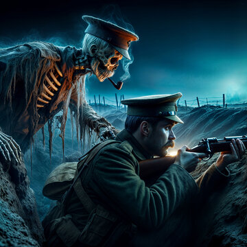 The ghostly form of a skeletal WW1 soldier places a comforting hand on the shoulder of his friend who aims his rifle on the battlefield at night
