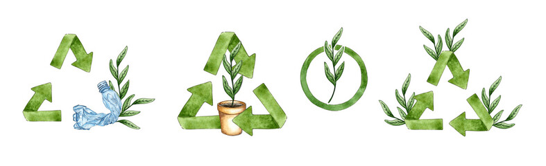 Set of watercolor illustrations of various garbage recycling signs with green sprouts. Ecological design reuse symbol. Wasteless lifestyle. Isolated on white background. Hand drawn.