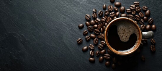 A bold and beautiful cup of black coffee is placed on a rustic black background, creating a captivating blend of elegance as it is surrounded by coffee beans. - obrazy, fototapety, plakaty