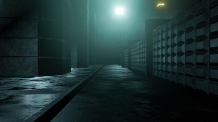 Cyberpunk City Landscape With Dystopian Horror Atmosphere. 3D Conceptual Scene. 