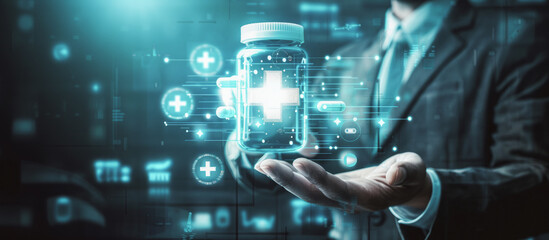 
A person holds a vial of medication, and the composition embodies a futuristic concept of managing and procuring medicines.