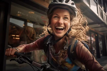 Poster Junge Frau mit Helm, lachende Frau fährt mit dem Fahrrad durch die Stadt © GreenOptix
