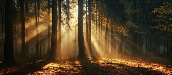 This daytime photo highlights a group of tall trees in a local forest, illuminated by sunlight to create a natural spotlight effect. - obrazy, fototapety, plakaty