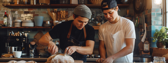 Fototapeta na wymiar Dynamic image capturing the camaraderie and shared passion of two young men as they skillfully craft sourdough in a cozy kitchen. Generative ai.