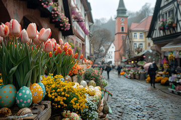 A bustling Easter market with stalls selling painted eggs and flowers.