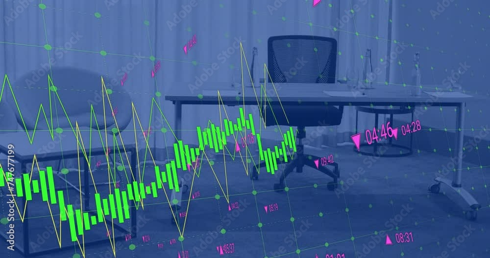 Poster animation of financial data processing over desk in empty office