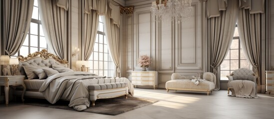 A spacious bedroom featuring a grand bed with plush bedding and a sparkling chandelier hanging from the ceiling. The room exudes opulence with its elegant furniture and decor details.